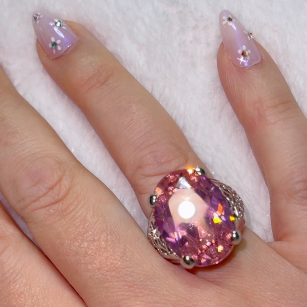 Sz 9 Women's Pink Crystal Statement Ring